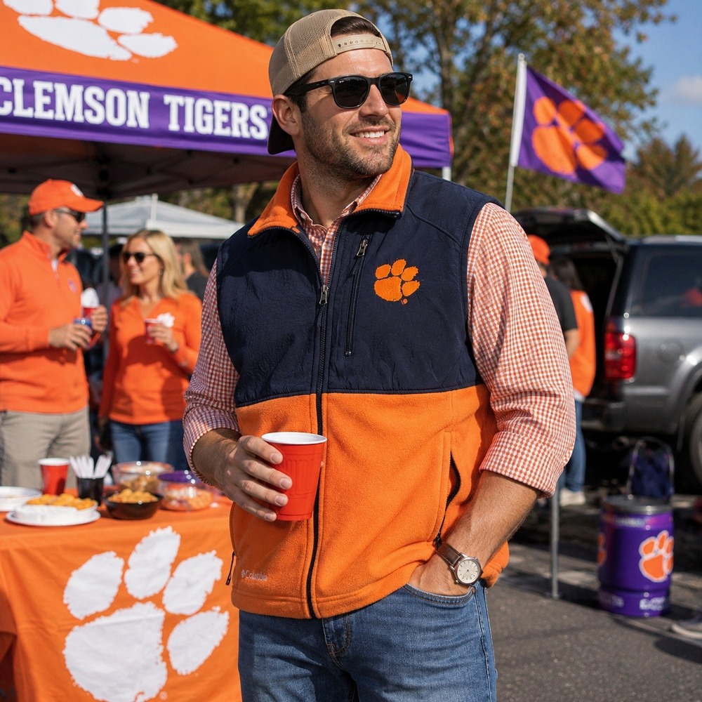 Columbia Clemson Tigers Fleece Vest Full Zip NCAA Football Orange Navy Men's M